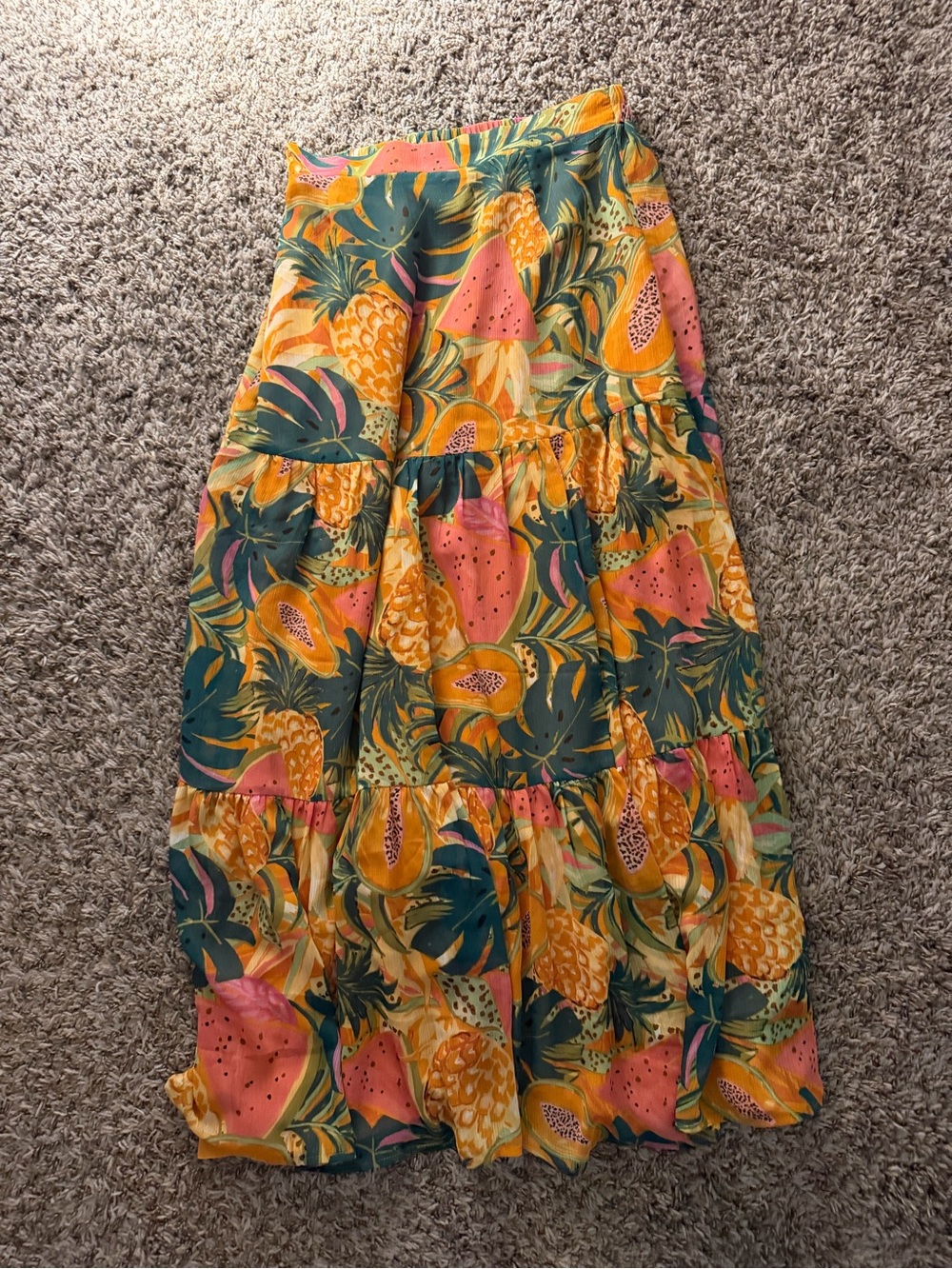 Tropical Print Tiered Maxi Skirt - Yellow & Pink